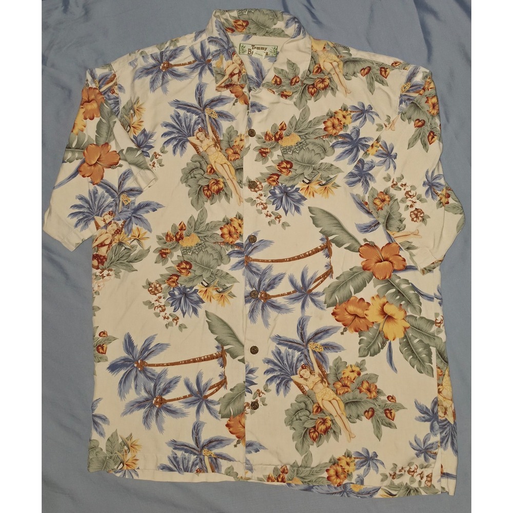 Tommy Bahama 100% Silk Camp Shirt Mens L Hawaiian Pin Up Girls Print Short Slv